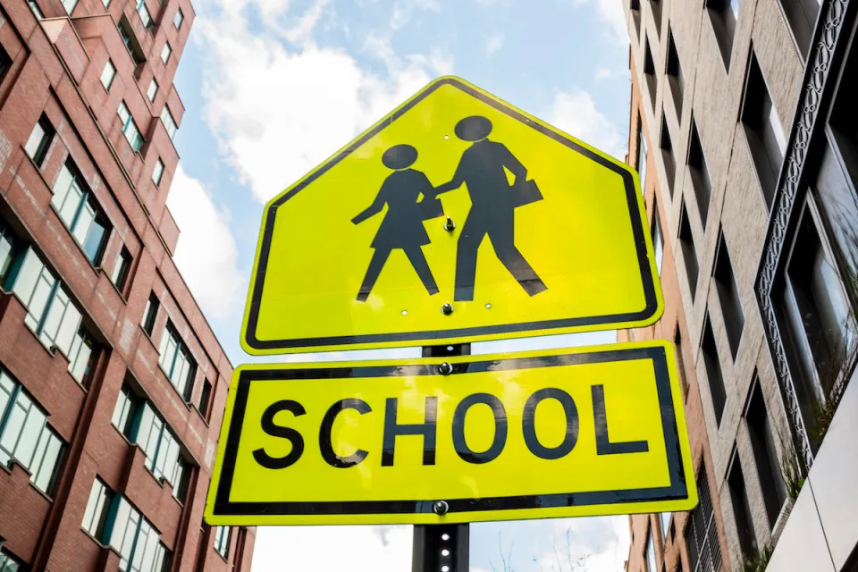 Yellow school crossing sign with two figures and brick buildings in background.
